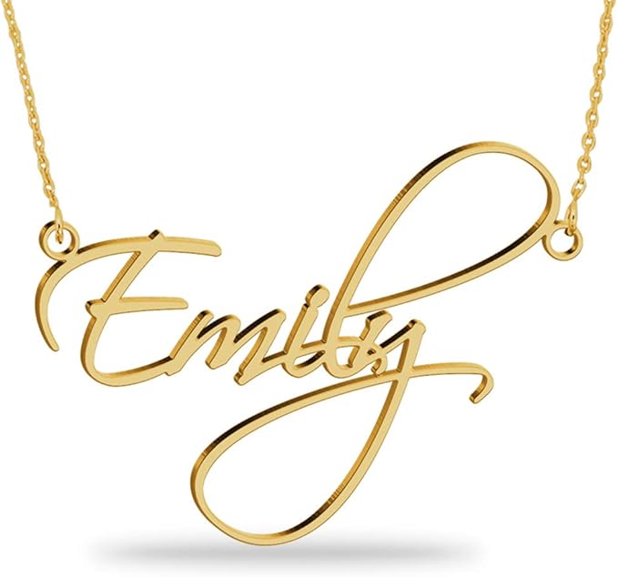 Gold script name necklace engraved with Emily
