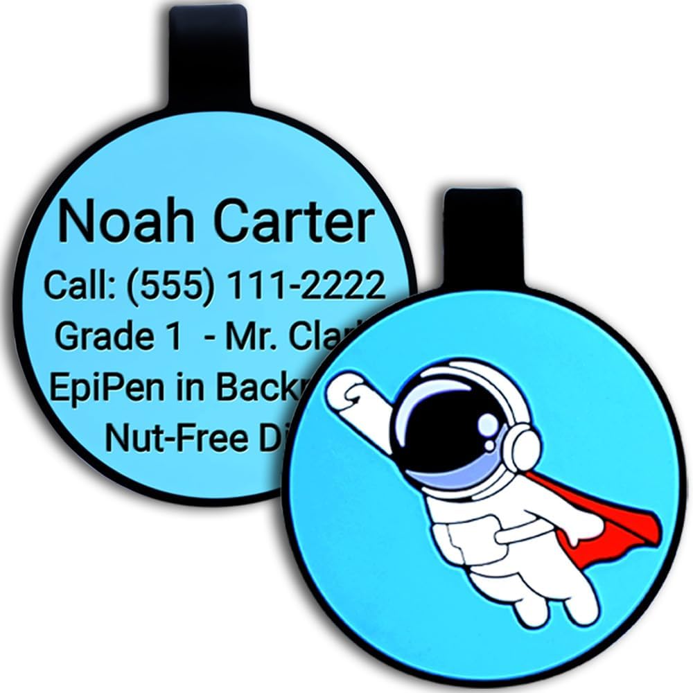 Round astronaut design kids tag with Noah Carter