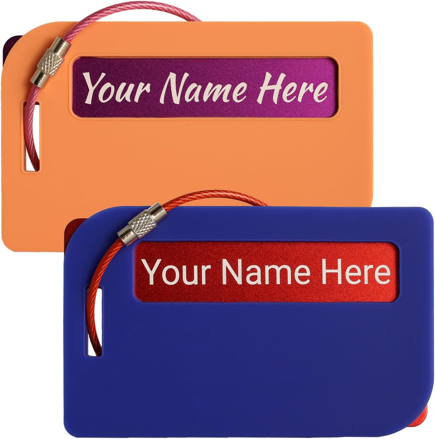 Orange and navy two-tone luggage tags with engraved name windows