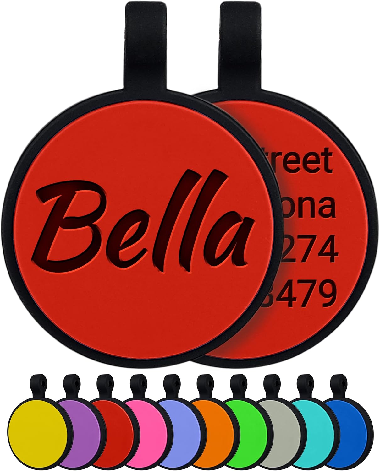 Red round pet tag showing 10 color options